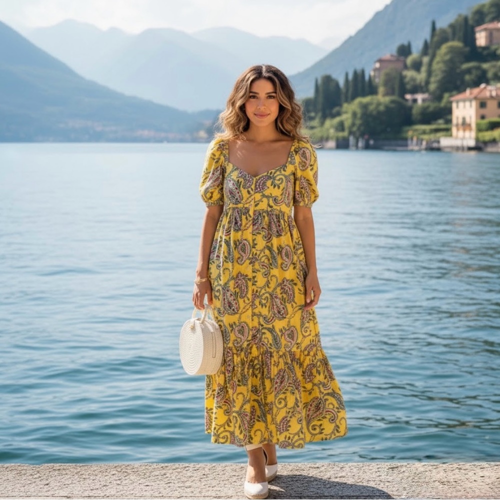 Zara Yellow Paisley Puff Sleeve Midi Dress | Size M | Has Pockets!!